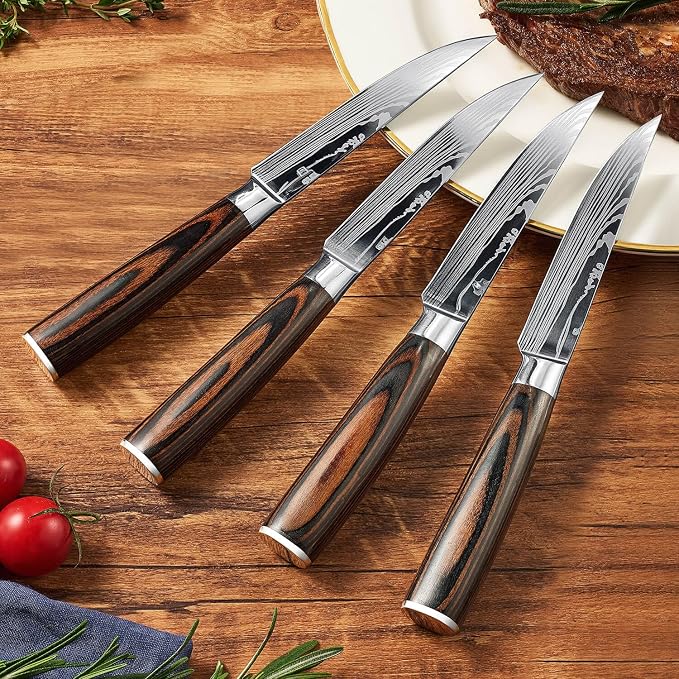 SENKEN 16-Piece Knife Block Set - Japanese High Carbon Stainless Steel with Damascus Pattern, Dark Wood Handles, 6 Steak Knives & Acacia Hardwood Block (Brown)