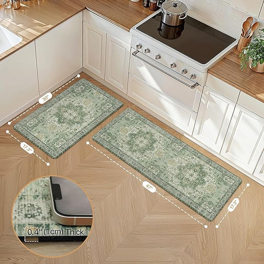 GENIMO Kitchen Mats for Floor 2PCs, Washable Anti Fatigue Mat for Cushioned, 17.3"x47"+17.3"x30", Waterproof Kitchen Rugs, Non Slip Comfort Standing Mat Rug for Home, Sink, Laundry, Light Green