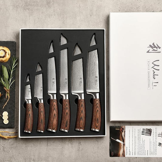Wakoli EDIB 6-Piece Damascus Knife Block Set, VG10 Core 67-Layer Damascus Steel Kitchen Knives with Magnetic Acacia Wood Block, Ergonomic Pakkawood Handles, Hand Wash Only