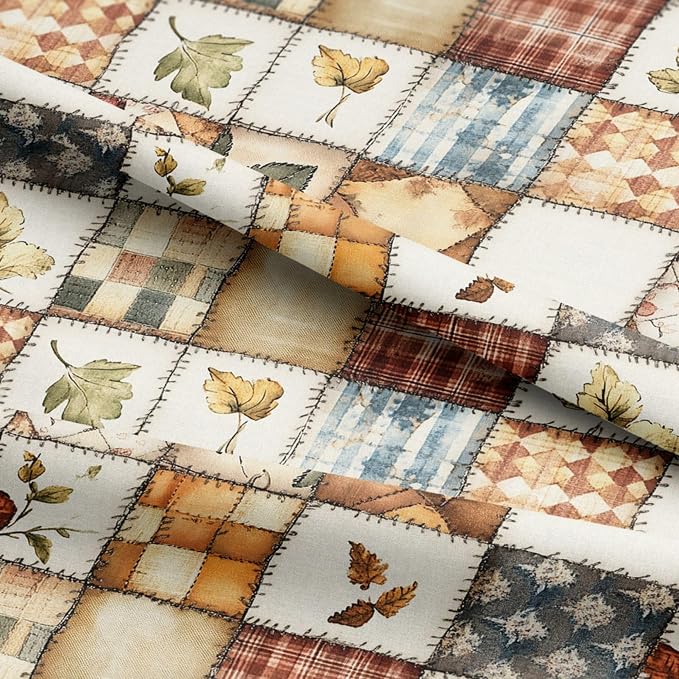 Patchwork Cotton Fabric Panel 61 x 36.6 Inches, Autumn Leaves Quilt Style Pattern, Rustic Brown Beige Blue Design, 100% Cotton 140 GSM