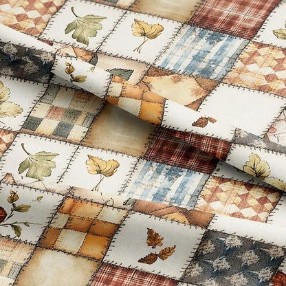 Patchwork Cotton Fabric Panel 61 x 36.6 Inches, Autumn Leaves Quilt Style Pattern, Rustic Brown Beige Blue Design, 100% Cotton 140 GSM