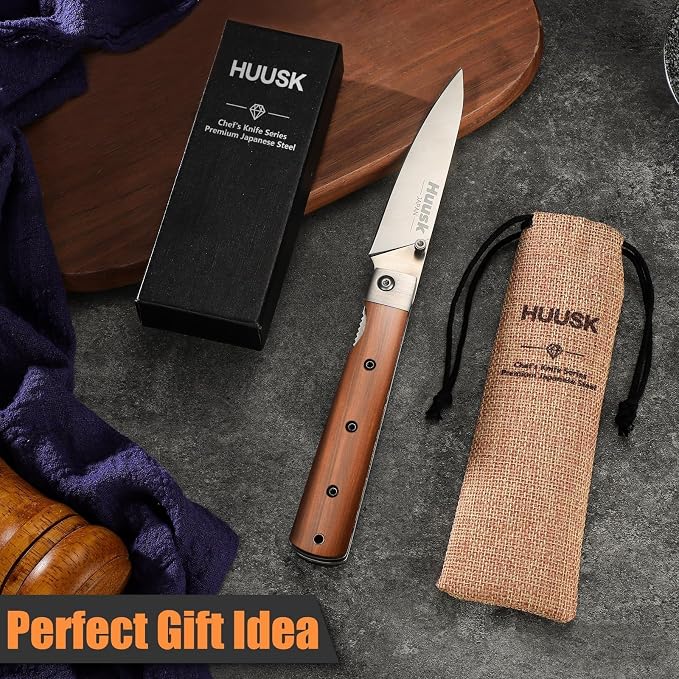 Huusk Japanese Folding Fruit Knife - Pocket Paring Knives with 440C Stainless Steel Ultra Sharp Blade, Portable Kitchen Knives, Christmas Gift for Men and Women
