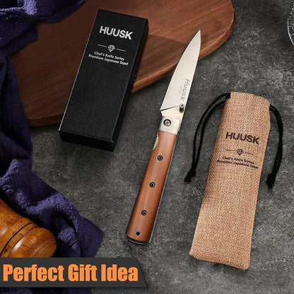 Huusk Japanese Folding Fruit Knife - Pocket Paring Knives with 440C Stainless Steel Ultra Sharp Blade, Portable Kitchen Knives, Christmas Gift for Men and Women