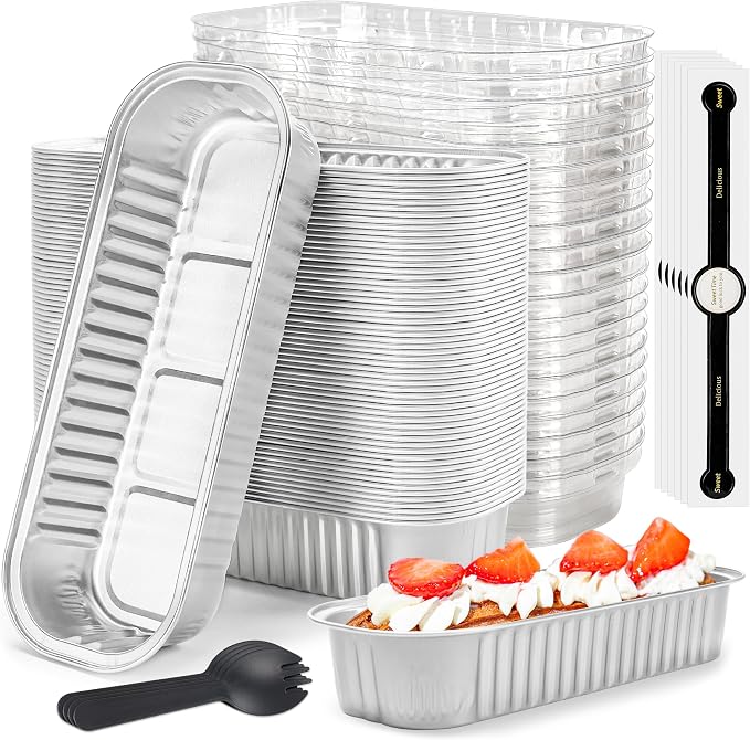 Mini loaf pans with lids Rectangle Aluminum Foil Cake Tins Baking Pans for Wedding Birthday Party 6.8oz, Graduation Gifts Party Favors(Silver, 50Pack)
