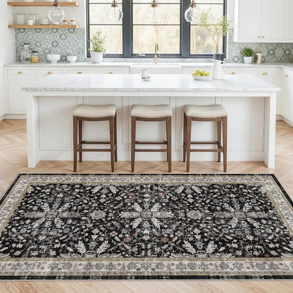 4x8 Rug Washable for Entryway Kitchen – Non-Slip Rubber Backed Area Rug for Hallway Bedroom Living Room Office,Boho Floral Low Pile Thin Floor Indoor Mat (Black,4x8)