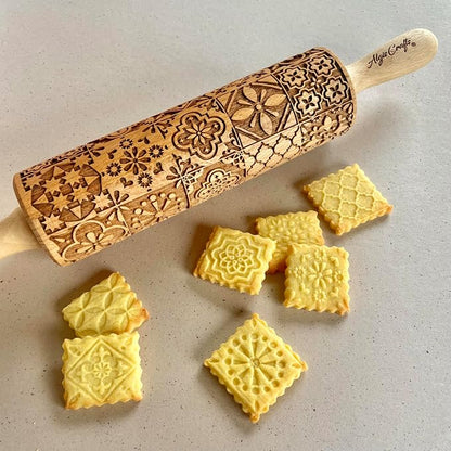 PORTUGUESE TILES Embossed Rolling Pin for Ceramic. Clay Roller and Ceramic Stamp for Embossing Pottery. Baking Gifts for Women by Algis Crafts for Embossed Cookies
