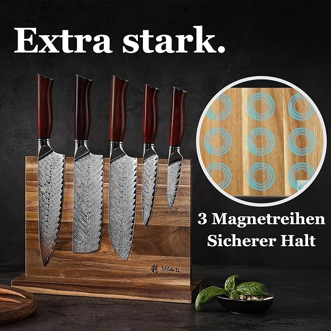 Wakoli Rose Elegance 5-Piece Damascus Knife Block Set, VG10 Core 67-Layer Damascus Steel Kitchen Knives with Magnetic Acacia Wood Block, Ergonomic Rosewood Handles, Gift Box, Hand Wash Only