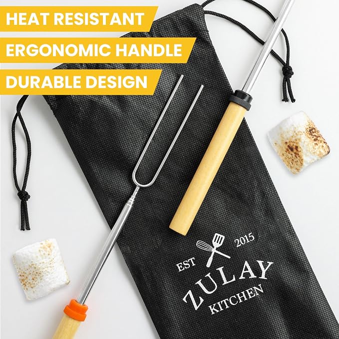 Zulay Kitchen Sturdy Marshmallow Sticks for Fire Pit Extra Long - Smores Sticks Smores Kit - Marshmallow Roasting Skewers - Hot Dog Fork Bonfire Glamping Camping Accessory 32" 8 Pack Bundle