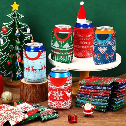 18 pack Christmas Can Cooler Sleeves Beer Drink Sweater Style Can Bottle Cooler Sleeves Collapsible for Christmas Holiday Party Decorations Supplies Favors