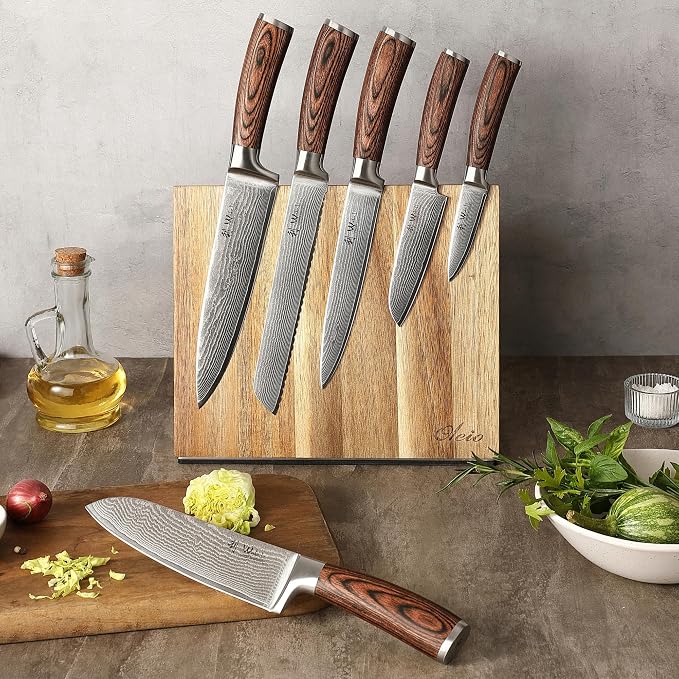 Wakoli EDIB 6-Piece Damascus Knife Block Set, VG10 Core 67-Layer Damascus Steel Kitchen Knives with Magnetic Acacia Wood Block, Ergonomic Pakkawood Handles, Hand Wash Only