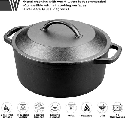 VORRINGARD Pre-Seasoned Cast Iron Dutch Oven with Lid, Round and Dual Handles, for Stovetop, Camping, Grill, Induction, Electric, Black, 6qt