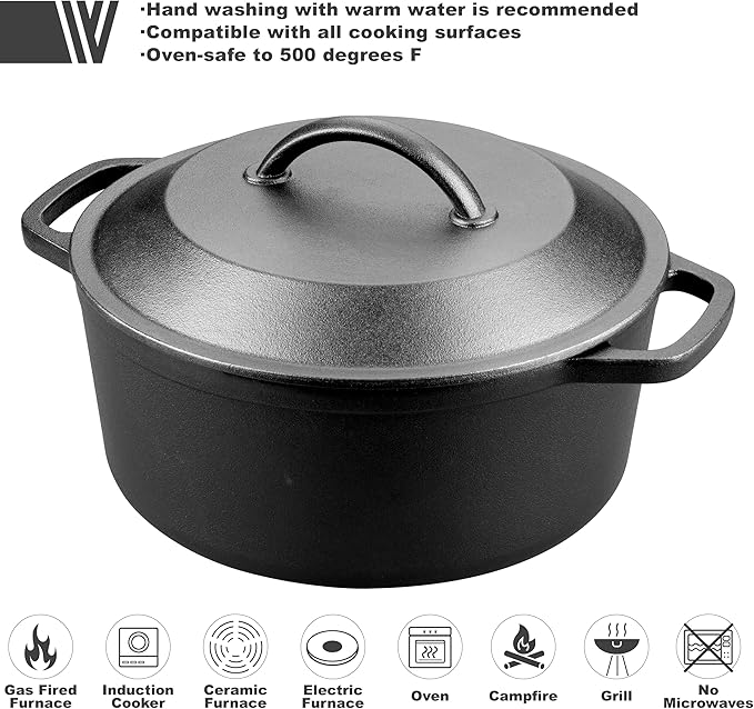 VORRINGARD Pre-Seasoned Cast Iron Dutch Oven with Lid, Round and Dual Handles, for Stovetop, Camping, Grill, Induction, Electric, Black, 3 qt