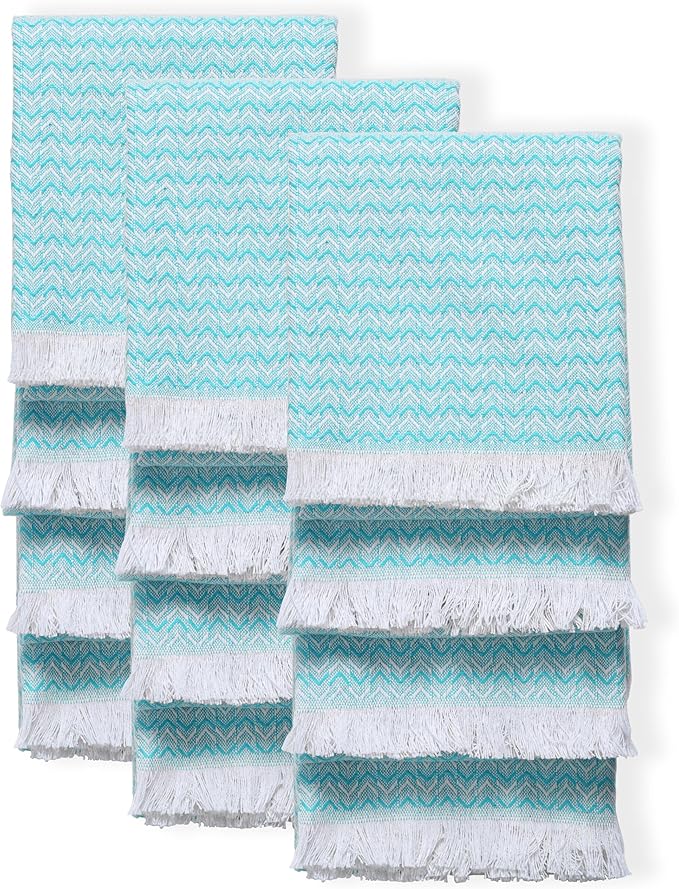 TWINY threads Dish Towel Chevron Weave, 12 Pack, Premium 100% Cotton Kitchen Linen Set, Large Dish Rags and Wash Rags, Absorbent Quick Drying, Machine Washable Dishcloth Set, 16"x26", Aqua Blue