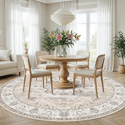 Washable 8ft Round Area Rug - Living Room Oriental Non Slip Soft Rugs Indoor Low Pile Stain Resistant Carpet for Bedroom Dining Room Farmhouse Distressed Thin Home Decor Floor Mat(8Round,Beige)