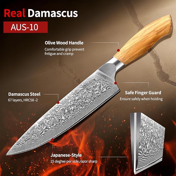 Damascus Chef Knife, 8 Inch Japanese Steel Kitchen Knife, 67-Layers AUS-10 Damascus Steel with Ergonomic Original Olive Wood Handle, Cooking Knives for Home Kitchen Gift Idea