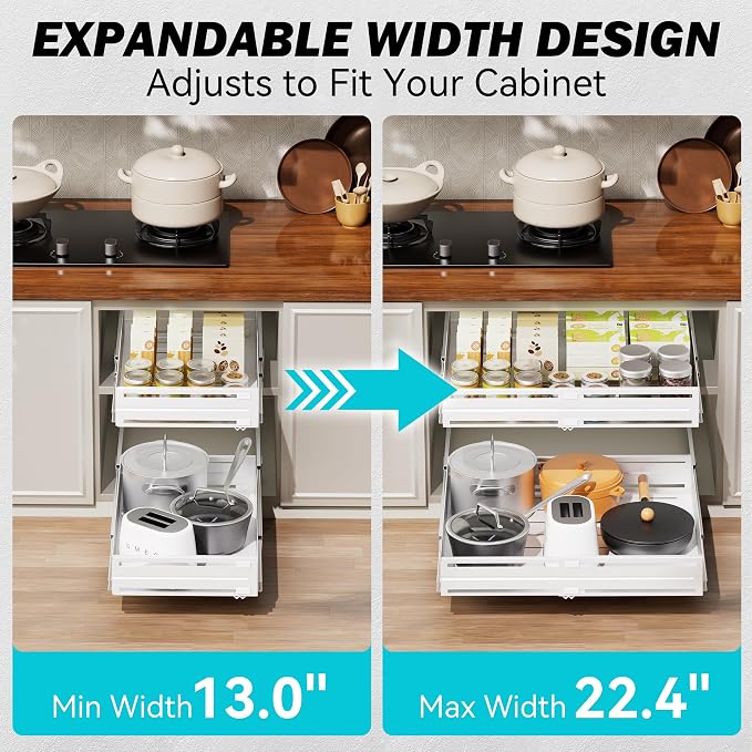 Pull Out Cabinet Organizer, Expandable Width 13"-22", Heavy Duty Metal Slide Out Drawers for Cabinets, Expandable Cabinet Pull Out Shelves for Kitchen, Pantry, Bathroom, White