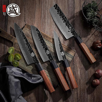 MITSUMOTO SAKARI 4-Piece Japanese Chef Knife Set, 9Cr18MoV Steel | Gyuto, Santoku, Nakiri and paring knives, 3-layer 9Cr18MoV steel, rosewood handles, sandalwood box