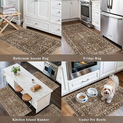 Washable Non-Skid 3 Piece Kitchen Rugs Set – Modern Boho Floral Low-Pile Area Rugs and Runner for Entryway, Bathroom, Hallway – Decorative Small Indoor Rugs (Brown, 2x3+2x4+2x5)