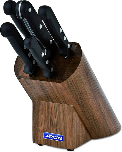 ARCOS Knife Set 5 pieces Nitrum Stainless Steel. Greater cutting power. Pine Wood Block. Ergonomic Polyoxymethylene POM Handle. Series Universal. Greater control. Color Black