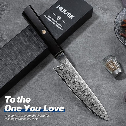 Huusk Damascus Utility Knife Japanese - 5.5 inch Handcrafted VG10 Paring Knife, Small Chef Knives with Wooden Handle, Versatile Kitchen Knives for Vegetable Fruit, Birthday Christmas Gifts for Men Wom