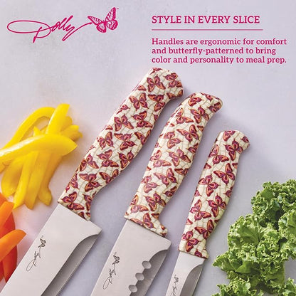 Dolly Parton 3-Piece Chef Knife Set, Butterfly Pattern Handles, Includes 6 Inch Chef, 5 Inch Santoku and 3.5 Inch Paring Knives