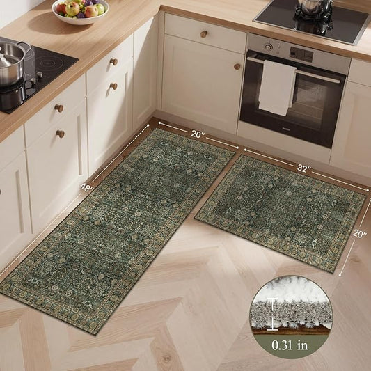 GENIMO Kitchen Rugs Non Slip Washable, 2PCS Kitchen Mats for Floor, Cushioned Standing Mat, Kitchen Runner Rug Floor Mat for Kitchen Decor, Laundry, Sink, Home, 20"x32"+20"x48", Dark Green/Multi