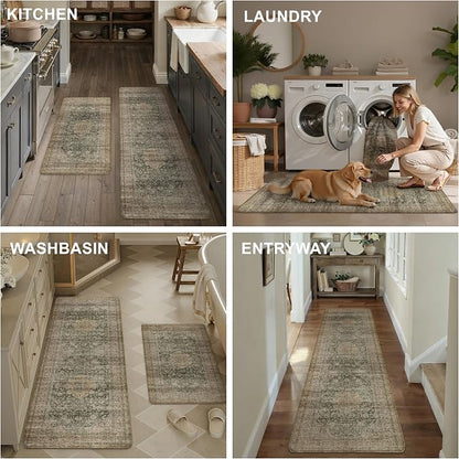 Vintage Kitchen Mats for Floor Anti Fatigue Waterproof Kitchen Rugs Sets of 2 Green Brown Cushioned Non-Slip Kitchen Mats Comfort Standing Mat for Sink Laundry Office 17.3"×47"+17.3"×30"