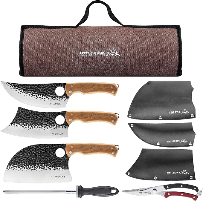 9PCS Butcher Knife Set, 7" butcher meat cleaver, a 7" Serbian chef knife, a 6.5" Viking knife, 3 Knife Sheath, Poultry Shears, Honing steel and Knife Roll Bag (Unique Bull Pattern)