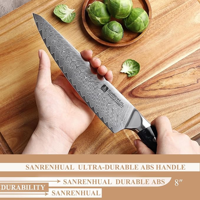 Classic Damascus Chef's Knife 8”, Thin, Light Super Sharp Kitchen Knife, Japanese Damascus Kitchen Knife for All-Around Food Preparation, Professional Resin Handle Chef Knife