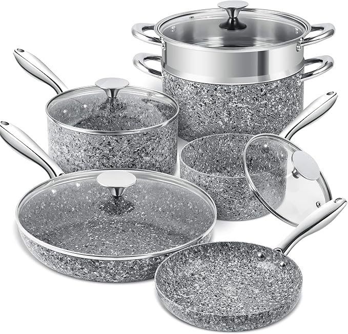 MICHELANGELO Stone Cookware Set 10 Piece, Ultra Nonstick Pots and Pans Set with Stone-Derived Coating, Kitchen Cookware Sets, Stone Cookware Sets, Granite Pots and Pans - 10 Piece