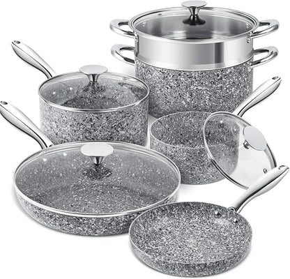 MICHELANGELO Stone Cookware Set 10 Piece, Ultra Nonstick Pots and Pans Set with Stone-Derived Coating, Kitchen Cookware Sets, Stone Cookware Sets, Granite Pots and Pans - 10 Piece