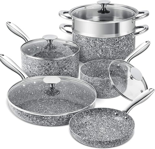 MICHELANGELO Stone Cookware Set 10 Piece, Ultra Nonstick Pots and Pans Set with Stone-Derived Coating, Kitchen Cookware Sets, Stone Cookware Sets, Granite Pots and Pans - 10 Piece