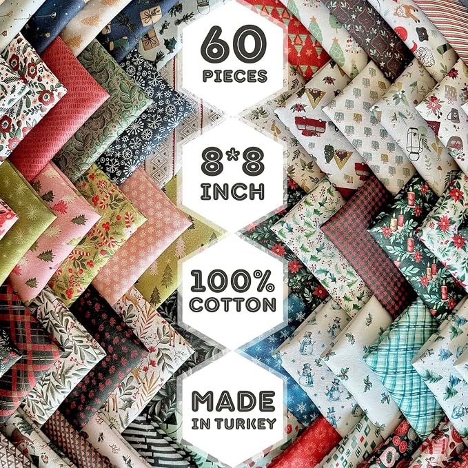 Cozy Patchwork Cotton Fabric Bundle – 60 Pre-Cut Squares (8×8 inch), 100% Cotton 140 GSM, Made in Turkey