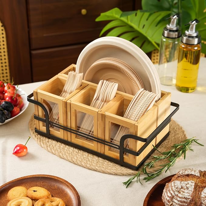 Silverware Caddy Wood Utensil Holder Cutlery Flatware Paper Plate Dispenser Organizer for Spoons Forks Plates Napkins (Acrylic)