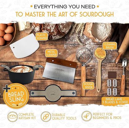 Crovora Pre-Seasoned Cast Iron Dutch Oven for Bread Baking with Skillet Lid - Incl. Sourdough Bread Baking Supplies like Banneton Bread Proofing Basket, 5QT Cast Iron Bread Pan, Bread Oven