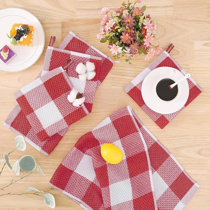 Homaxy Kitchen Towels and Dishcloths Set, 12 x 12 and 13 x 28 Inches, Set of 8 Bulk Cotton Waffle Weave Check Plaid Kitchen Towels, Super Soft and Absorbent Dish Towel, White & Red