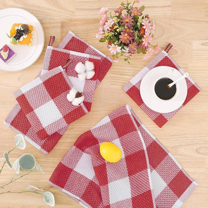 Homaxy Kitchen Towels and Dishcloths Set, 12 x 12 and 13 x 28 Inches, Set of 8 Bulk Cotton Waffle Weave Check Plaid Kitchen Towels, Super Soft and Absorbent Dish Towel, White & Red