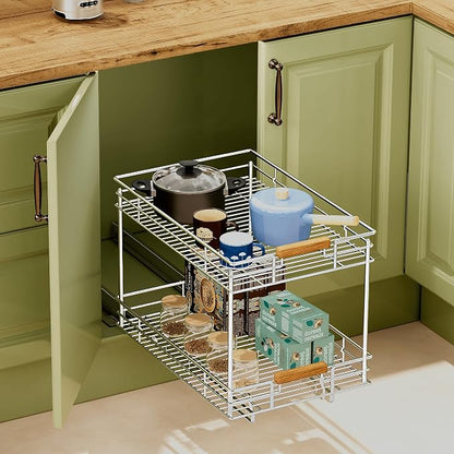 Mount Walker Pull Out Cabinet Organizer(14" W x 21" D), 2 Tier Slide Out Shelves with Wood Handle, Sliding Drawer Pull Storage Shelf for 15-1/4” Cabinet Opening, Chrome