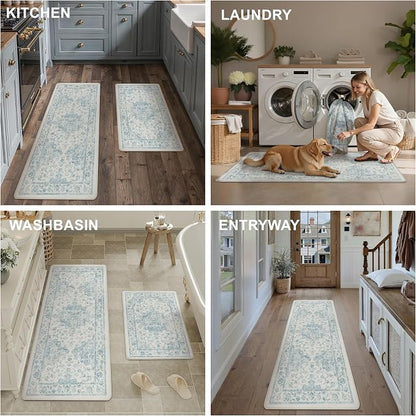 Anti Fatigue Kitchen Mats 2PCS Blue Neutral Mats for Cushioned Vintage Kitchen Matss for Floor Non-Slip Waterproof Comfort Standing Rug for Sink Laundry Office 17.3"×47"+17.3"×30"
