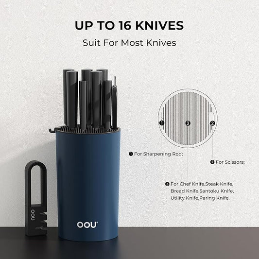 OOU Universal Knife Block Holder - Round Kitchen Knife Storage Unique Slot Design to Protect Blades, Space Saver Knife Organizer Detachable for Easy Cleaning, Blue