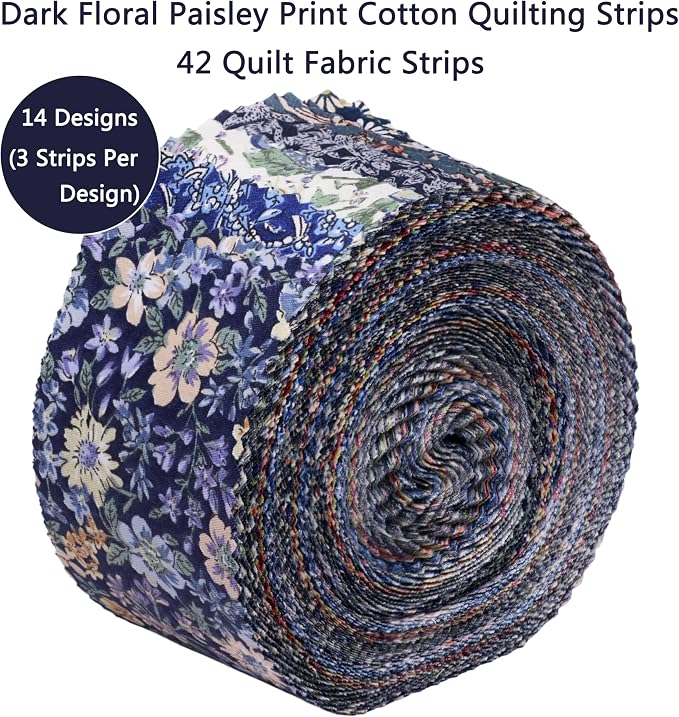 Nodsaw Jelly Roll Fabric Strips for Quilting, Crafting, and Sewing, 42 Strip 2.5" x 44" Floral Paisley Print Soft Cotton Fabric for Blanket, Rug, Upholstery, Home Decor, and DIY Crafts - Dark Blue
