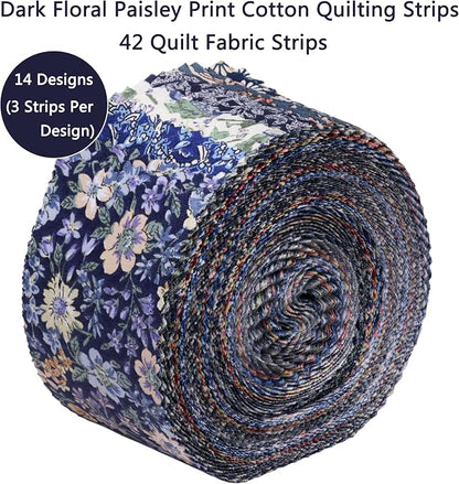 Nodsaw Jelly Roll Fabric Strips for Quilting, Crafting, and Sewing, 42 Strip 2.5" x 44" Floral Paisley Print Soft Cotton Fabric for Blanket, Rug, Upholstery, Home Decor, and DIY Crafts - Dark Blue