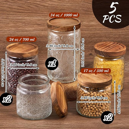 Gerrii Clear 5 Pcs Vintage Glass Food Storage Containers 17/24/34 oz Glass Jar with Lid Airtight Candy Food Canisters for Kitchen Counter Pantry Coffee Beans (Begonia,Sunflower,Window Grilles Round)