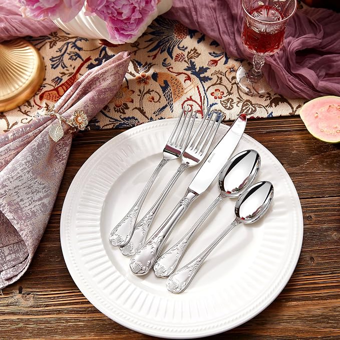 KEAWELL Premium Regalia 4-Piece Spoon Set 7.3-Inch – Ornate 18/10 Stainless Steel Silverware with European Luxury Handles, Dishwasher Safe for Elegant Dining (Silver, Dinner Spoons)