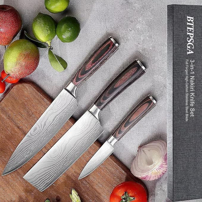 3 PCS Japanese Nakiri Knife Set - Professional High Carbon Stainless Steel Vegetable Cleavers, Ultra Sharp Razor Edge Kitchen Knife with Ergonomic Handle & Gift Box, Multi-purpose Asian Chef Knives