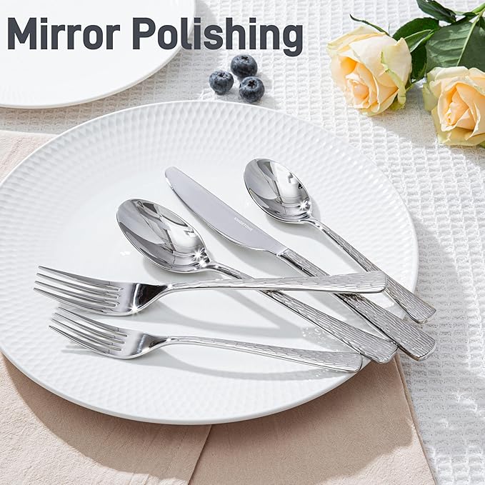 KINGSTONE Hammered Silverware Set, 30-Piece Flatware Set, 18/10 Stainless Steel Premium Cutlery with Unique Ripple Handles Design Mirror Polished - Dishwasher Safe