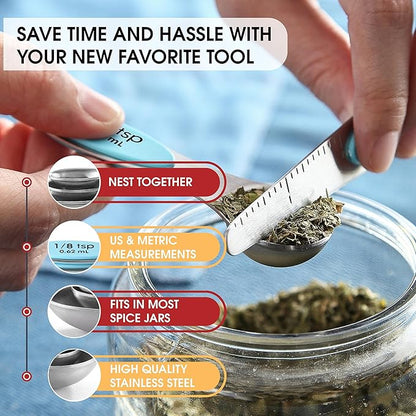 Spring Chef Stainless Steel Magnetic Measuring Spoons Set of 8 with Leveler, Metal Teaspoon & Tablespoon Measuring Spoons with Strong Magnets, Kitchen Gadgets for Baking & Cooking - 2 Pack - Aqua Sky