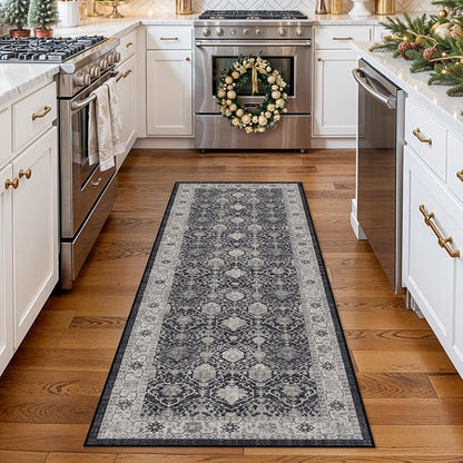 Hallway Washable Runner Rug - 2x6 Kitchen Rugs Entryway Rug Runner Vintage Soft Floor Mat Non Slip Indoor Farmhouse Carpet for Bathroom Living Room Bedroom (2 X 6, Black)