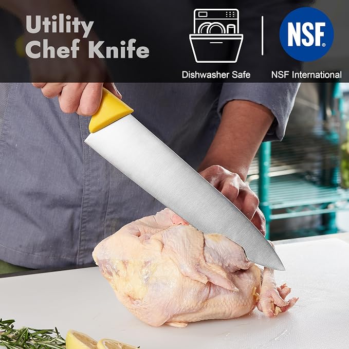 CURTA 10-inch Commercial-Grade Chef's Knife, NSF Listed, Ergonomic, Non-slip Yellow Handle, High Carbon 420 Stainless Steel Forged Blade Straight Edge, Dishwasher Safe, Rust Proof