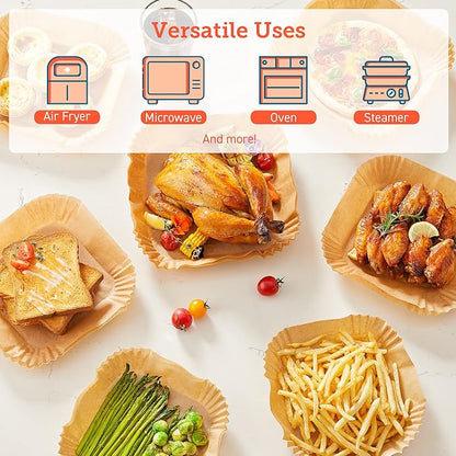 Cosori Air Fryer Liners, 100 PCS Square Disposable Paper Liners, Non-Stick Silicone Oil Coating, Little to No Cleaning, 7.9" Unbleached Food Grade, Resistant to 465°F, Thickened Not Easy to Break